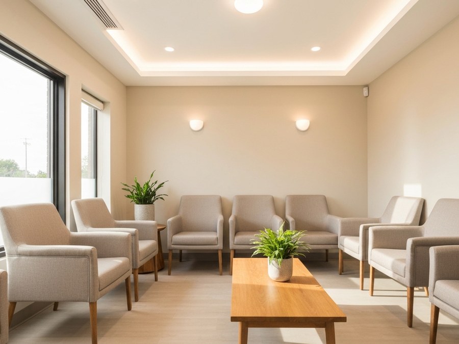 Arzt-Patienten-Gespräch in einer modernen Praxis, bei dem medizinische Fragen besprochen werden.